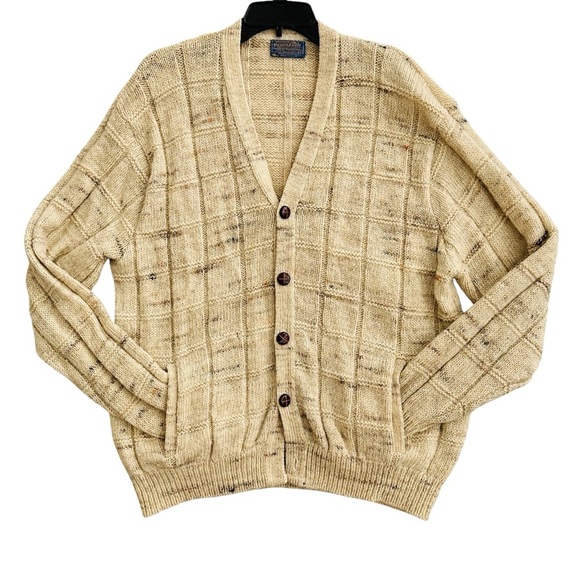 Vintage Pendleton Men's Wool Knit Cardigan Beige Plaid Button Front size XL - Picture 1 of 12